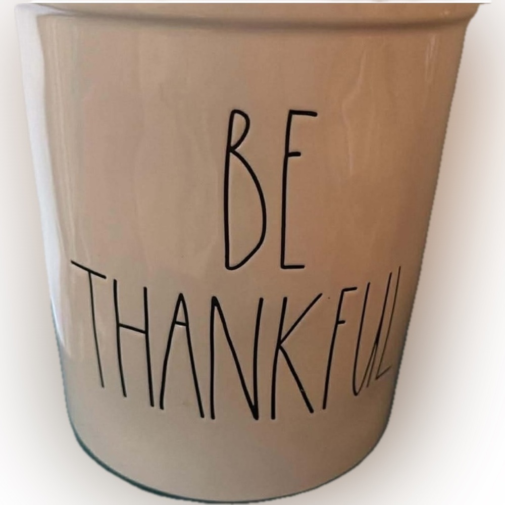 RAE DUNN White ‘Be Thankful’ Ceramic Canister Crock Kitchen Utensil Holder